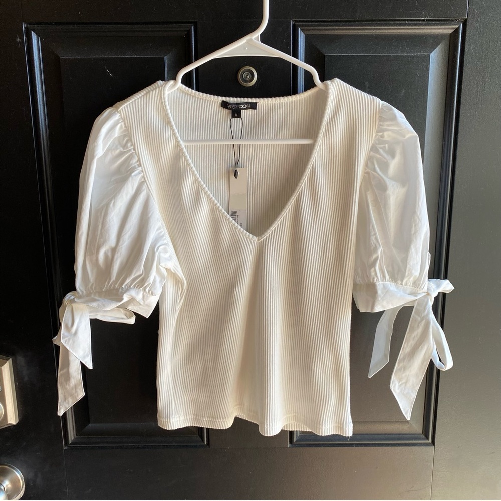NWT Ivory V Neck Tie Cuff Puff Sleeve Top Size Medium - Picture 5 of 11